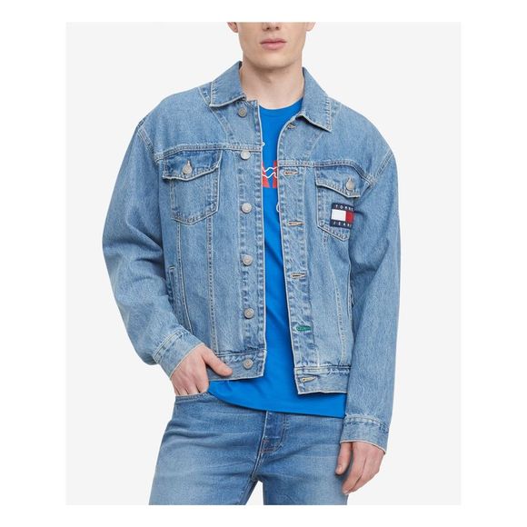 TOMMY JEANS Mens Navy Logo Graphic Denim Jacket M - Picture 1 of 4